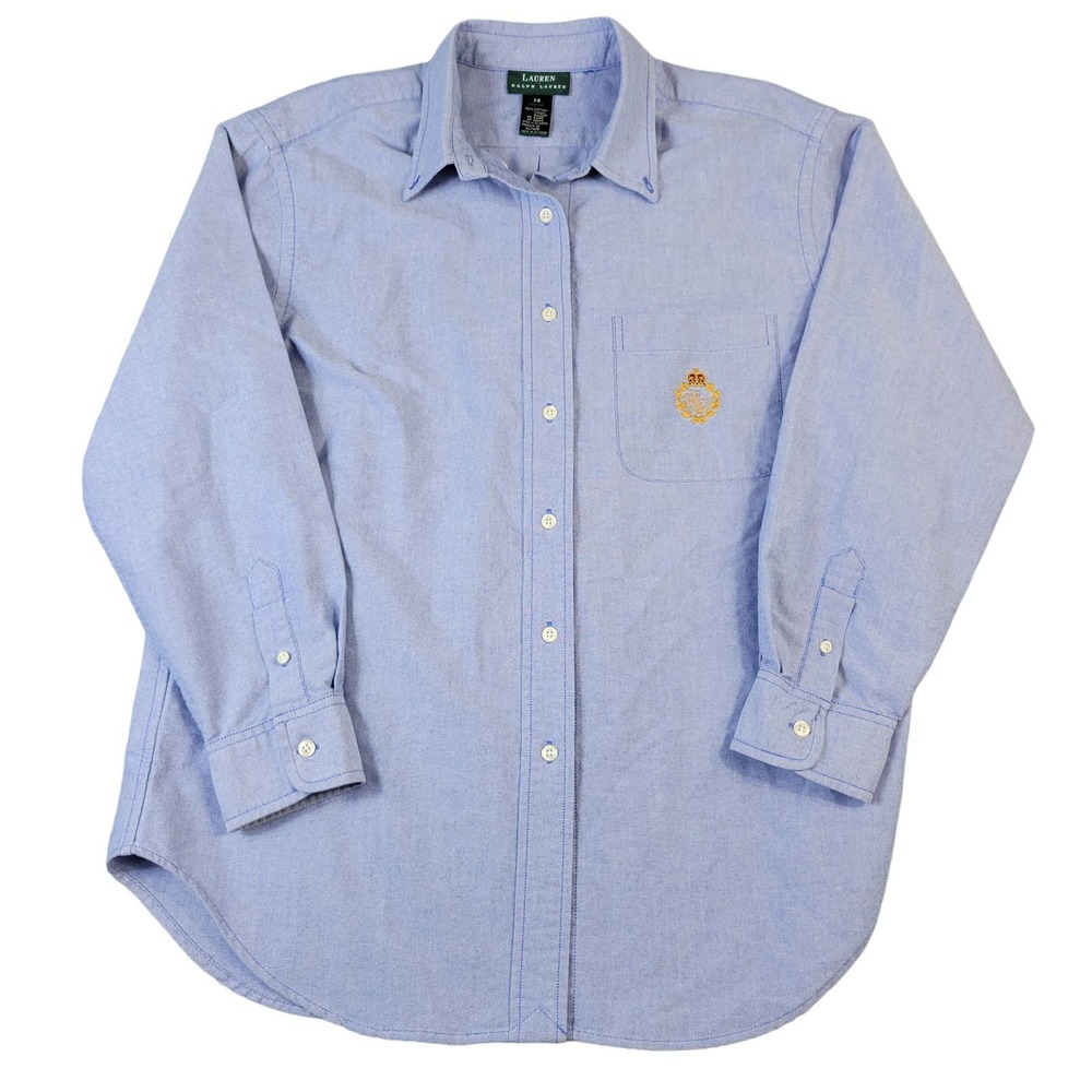 Lauren Ralph Lauren Button Down Women's Size 14 Chambray Crest Logo Blue Vintage